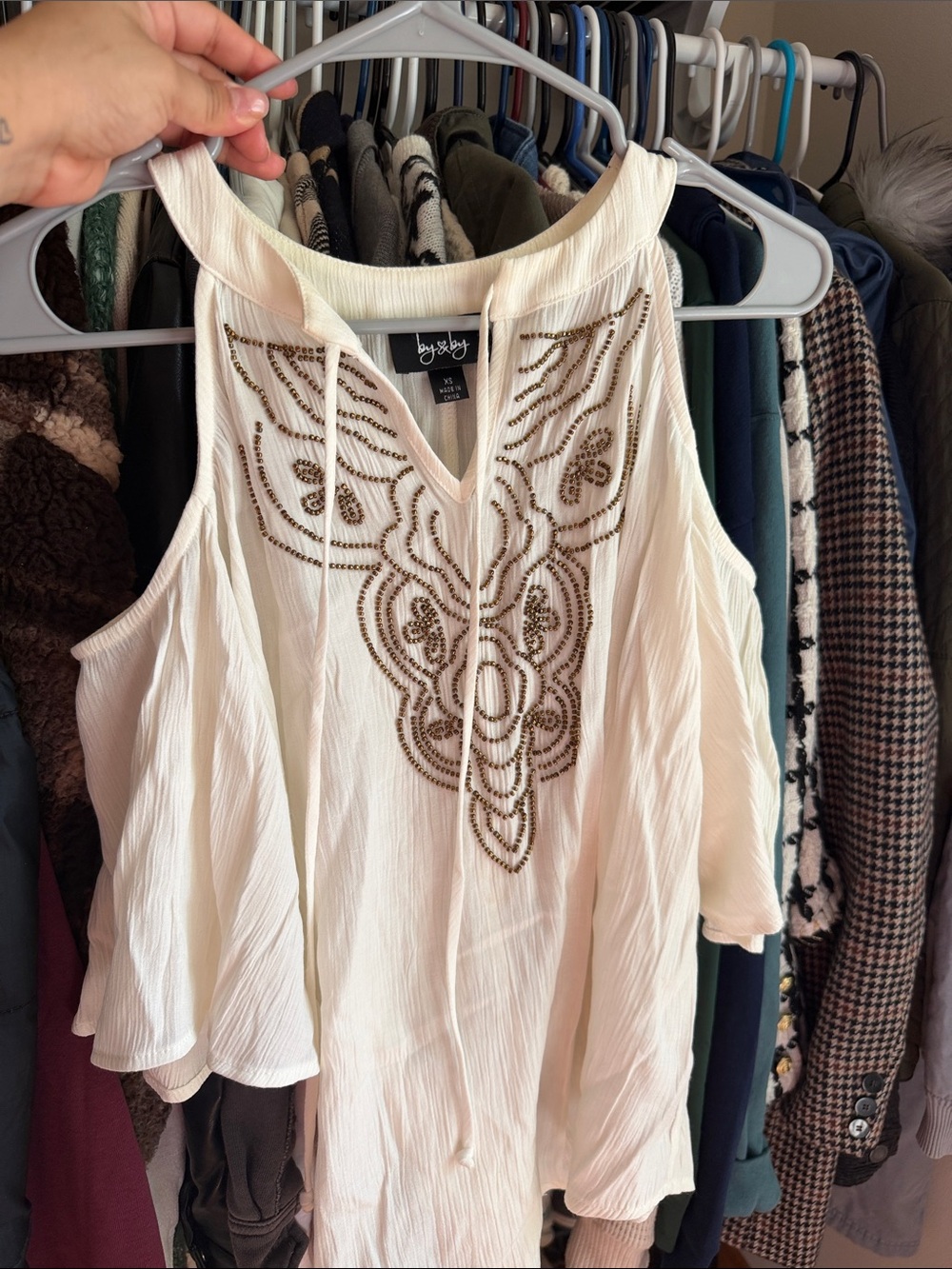 Ivory Embellished Cold-Shoulder Top